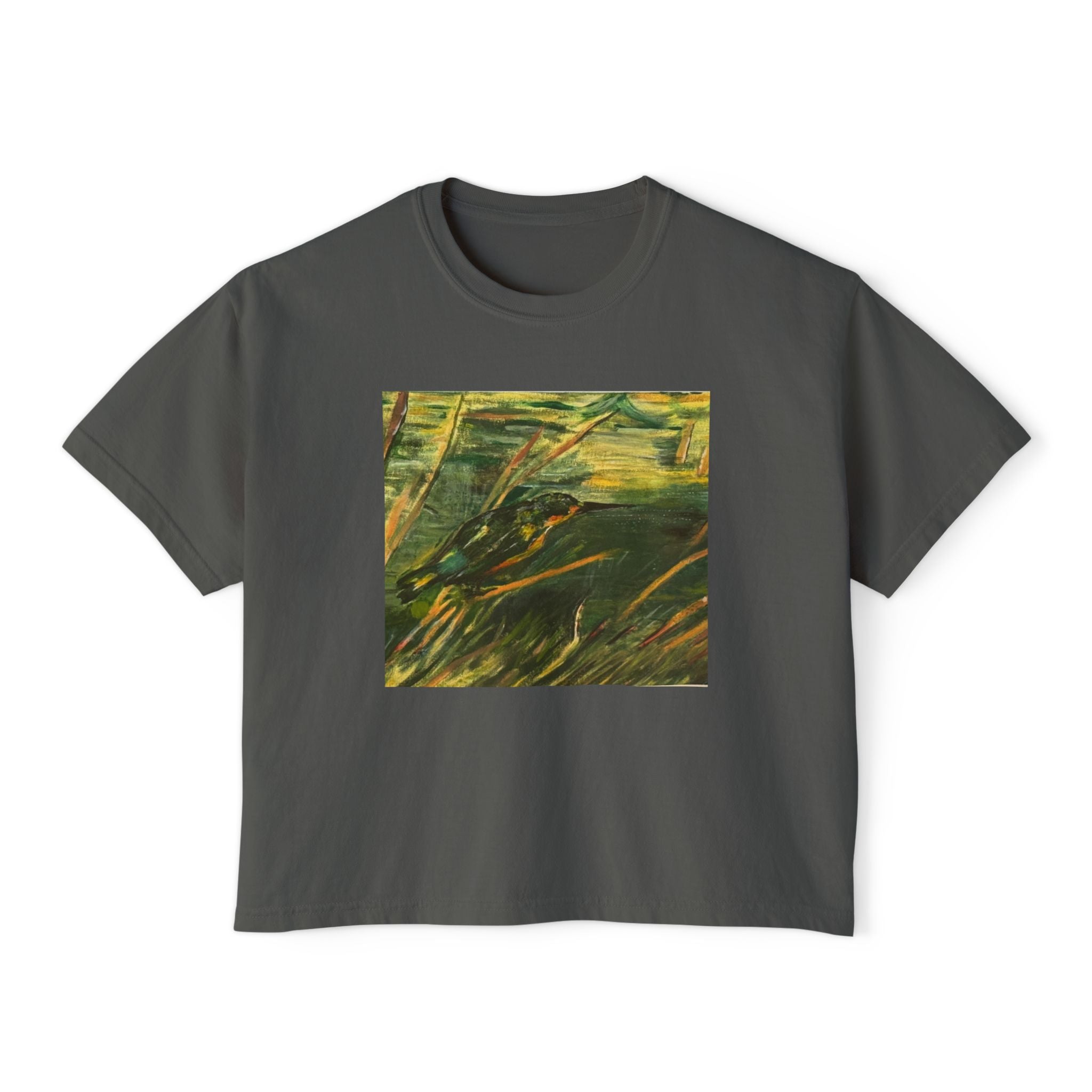 Abstract Green Meadow Women's Boxy Tee — Minimal Nature Art Shirt