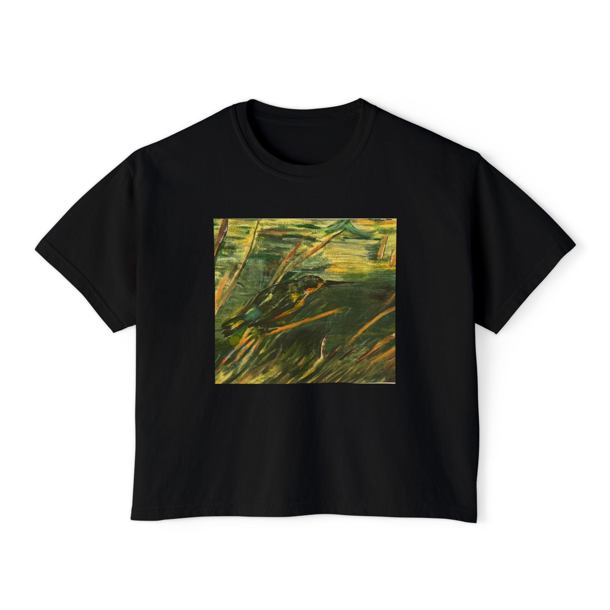 Abstract Green Meadow Women's Boxy Tee — Minimal Nature Art Shirt