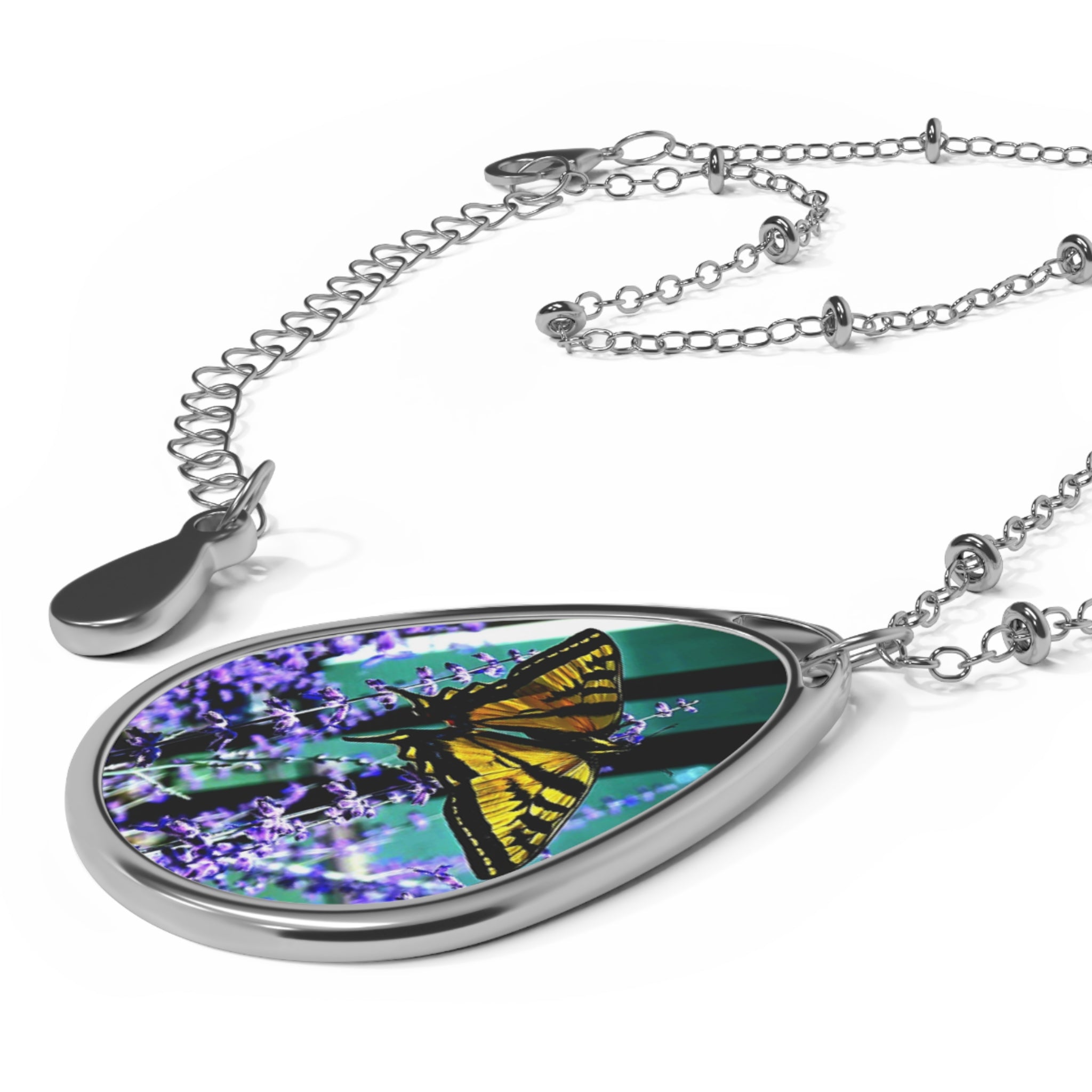 Butterfly Oval Necklace – Silver Teardrop Pendant with Monarch on Lavender