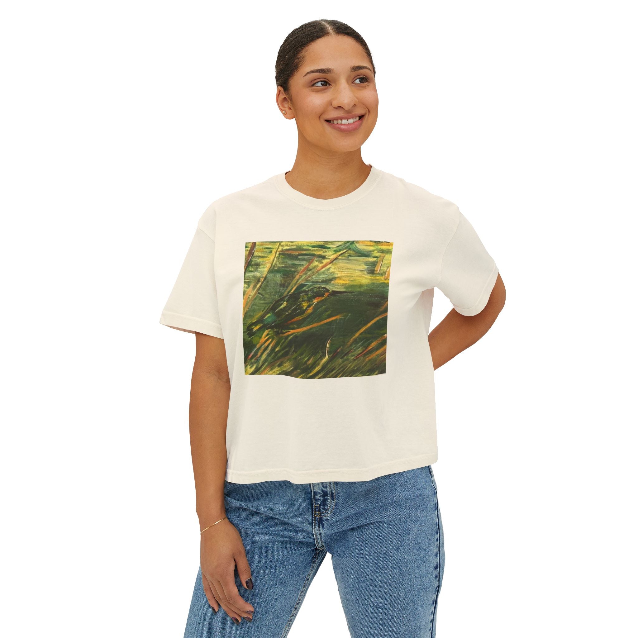 Abstract Green Meadow Women's Boxy Tee — Minimal Nature Art Shirt