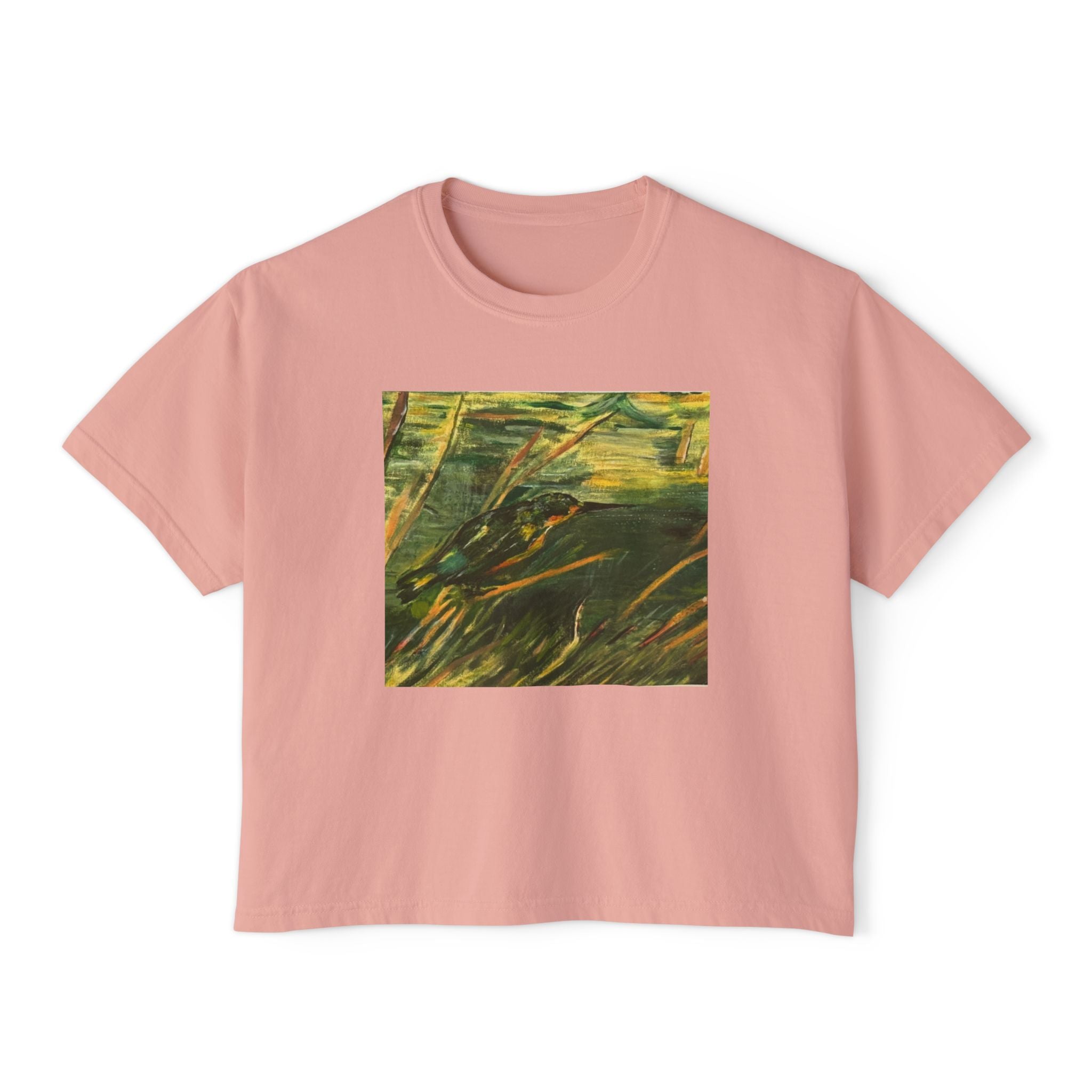 Abstract Green Meadow Women's Boxy Tee — Minimal Nature Art Shirt