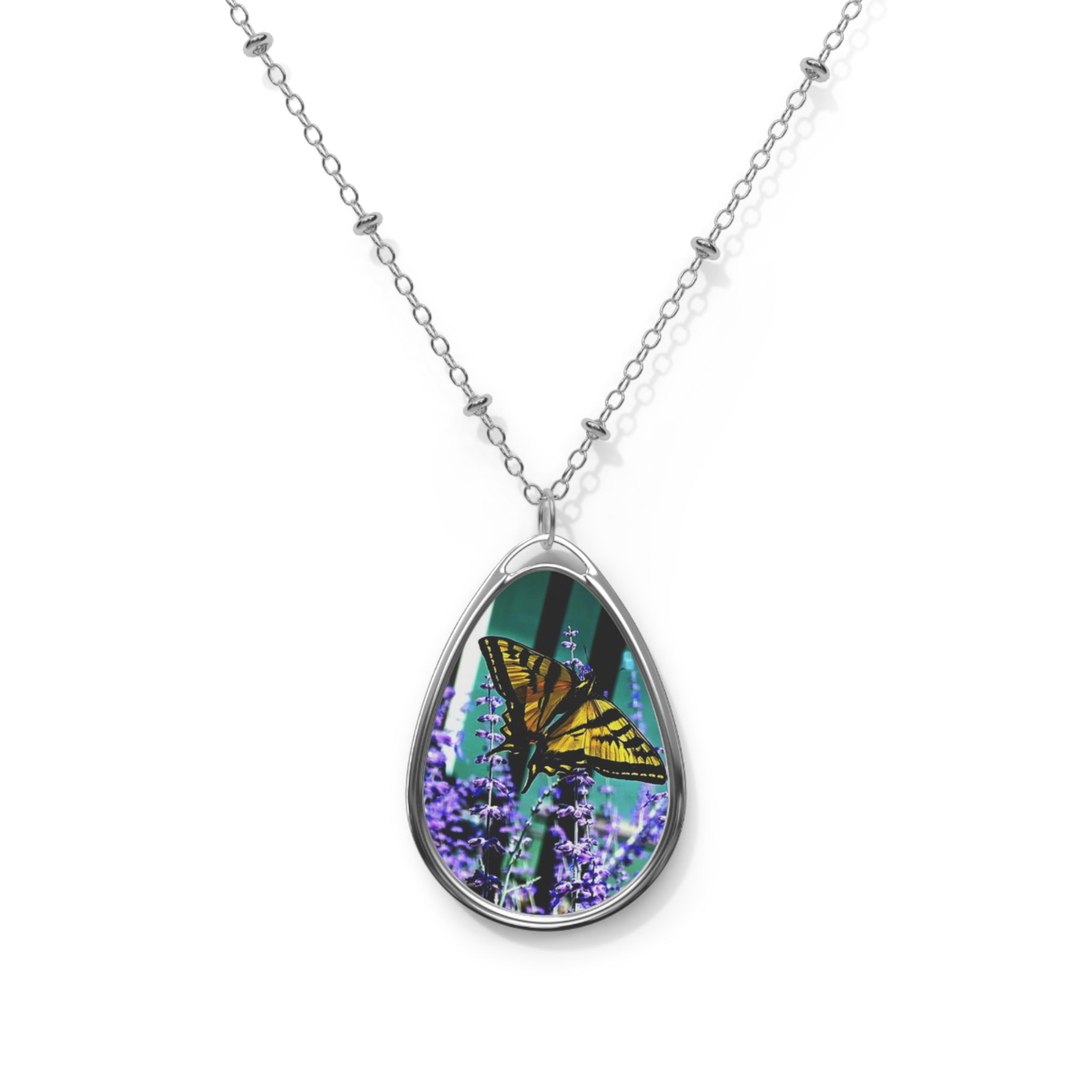 Butterfly Oval Necklace – Silver Teardrop Pendant with Monarch on Lavender