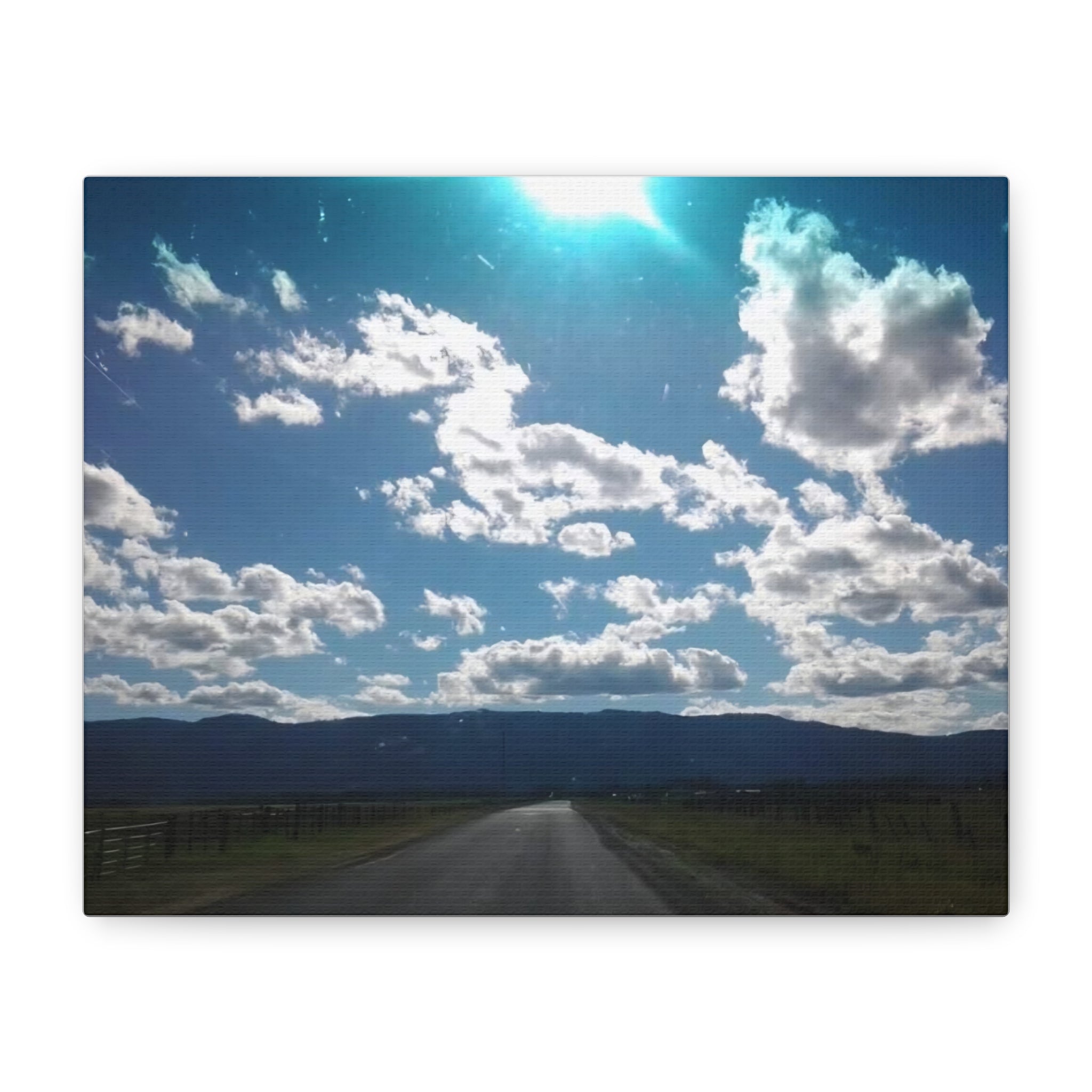 Road to the Mountains Matte Canvas Print — Scenic Sky and Cloud Landscape