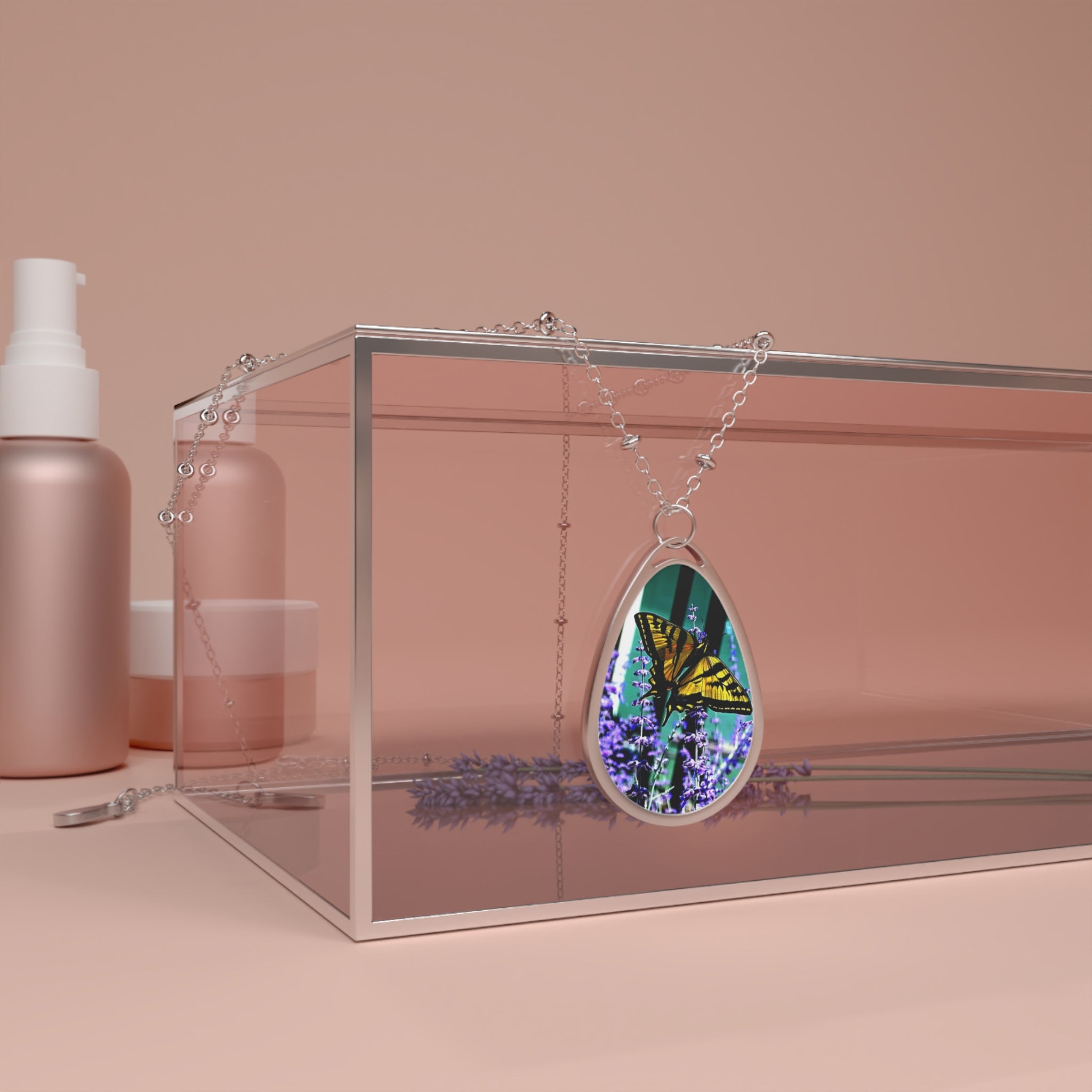 Butterfly Oval Necklace – Silver Teardrop Pendant with Monarch on Lavender