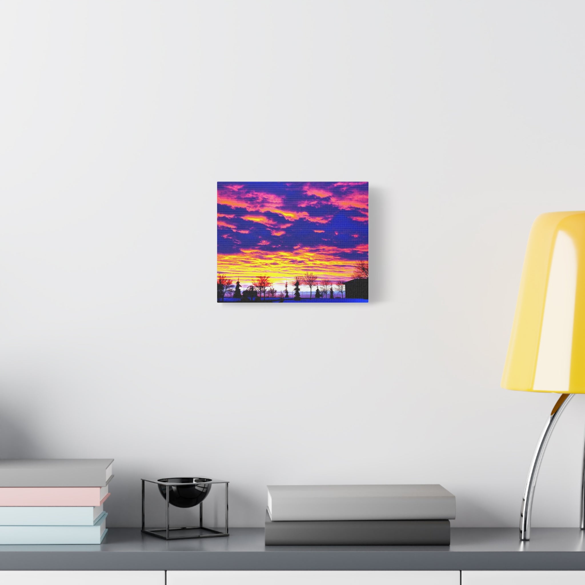Sunset Silhouette Matte Canvas Print — Vibrant Purple & Gold Lake View